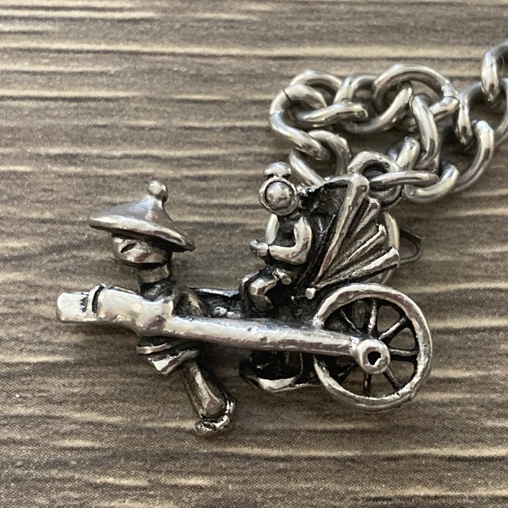 Vintage 925 Sterling Silver Charm Bracelet Rickshaw Cart